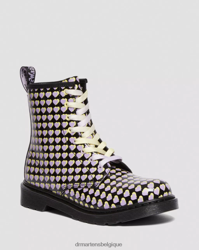 chaussure être Dr. Martens enfants bottes à lacets imprimées coeur verni 1460 pour jeunes Lucido noir et lampe vernie 6RFZX0470