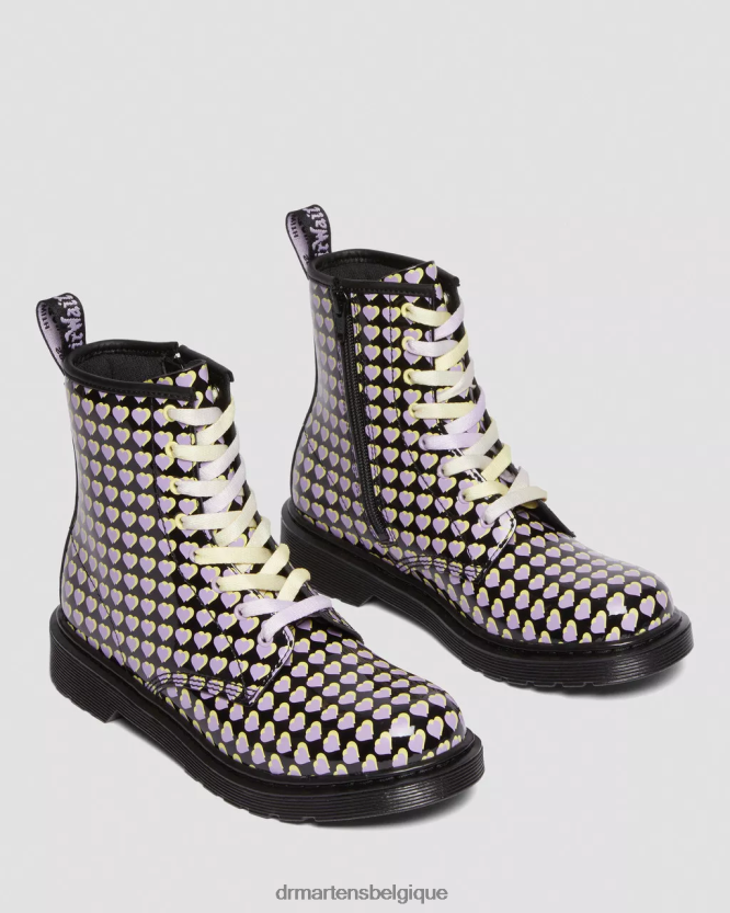 chaussure être Dr. Martens enfants bottes à lacets imprimées coeur verni 1460 pour jeunes Lucido noir et lampe vernie 6RFZX0470