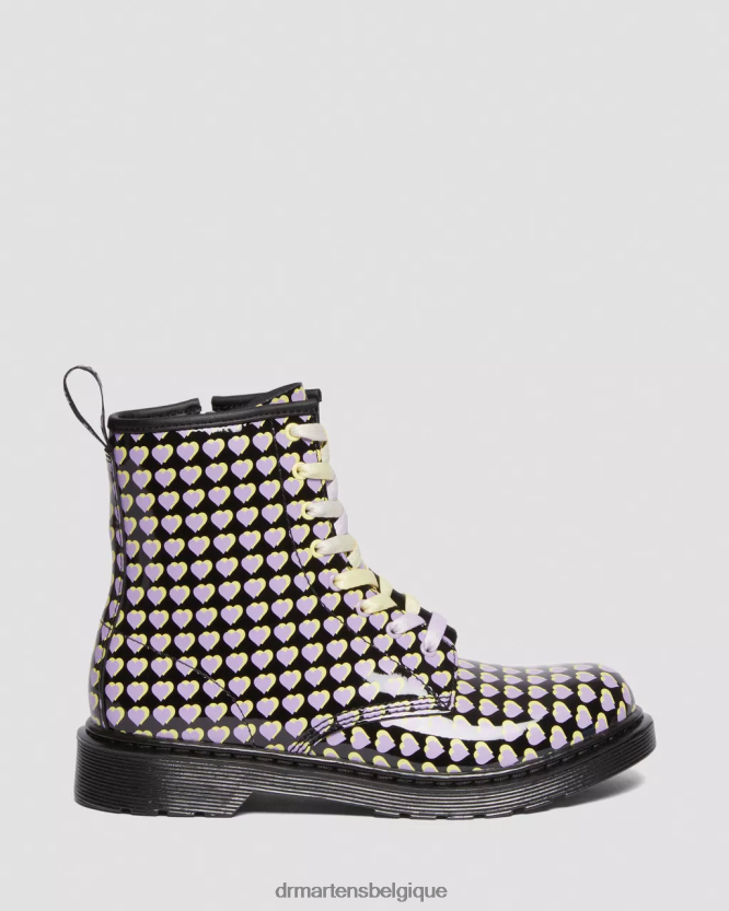 chaussure être Dr. Martens enfants bottes à lacets imprimées coeur verni 1460 pour jeunes Lucido noir et lampe vernie 6RFZX0470