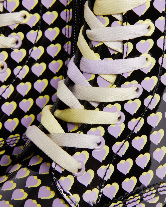 chaussure être Dr. Martens enfants bottes à lacets imprimées coeur verni 1460 pour jeunes Lucido noir et lampe vernie 6RFZX0470