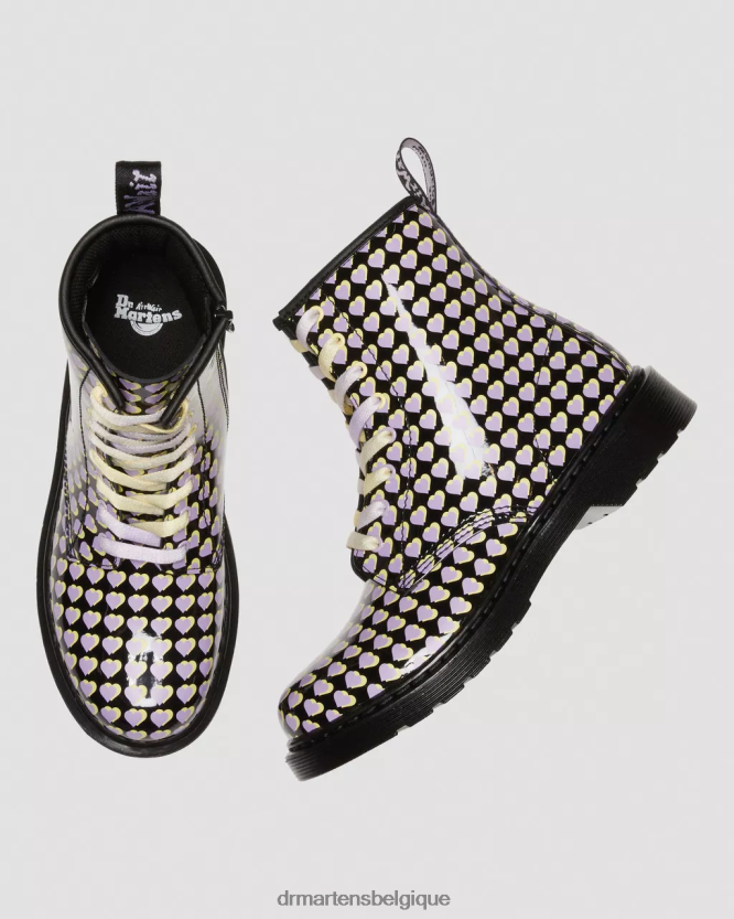 chaussure être Dr. Martens enfants bottes à lacets imprimées coeur verni 1460 pour jeunes Lucido noir et lampe vernie 6RFZX0470