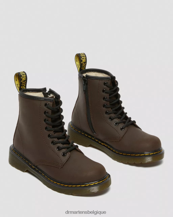 chaussure être Dr. Martens enfants bottes à lacets junior 1460 doublées de fausse fourrure mohawk brun foncé 6RFZX0452