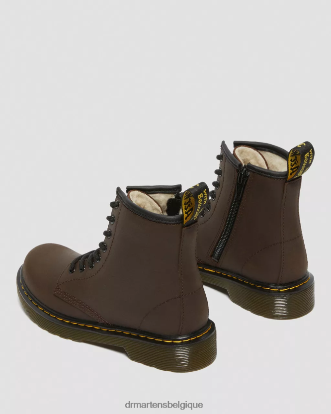 chaussure être Dr. Martens enfants bottes à lacets junior 1460 doublées de fausse fourrure mohawk brun foncé 6RFZX0452