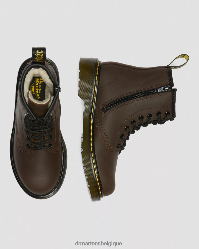 chaussure être Dr. Martens enfants bottes à lacets junior 1460 doublées de fausse fourrure mohawk brun foncé 6RFZX0452