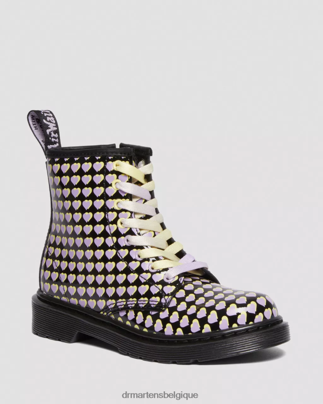 chaussure être Dr. Martens enfants bottes à lacets junior 1460 vernies à imprimé cœur Lucido noir et lampe vernie 6RFZX0441