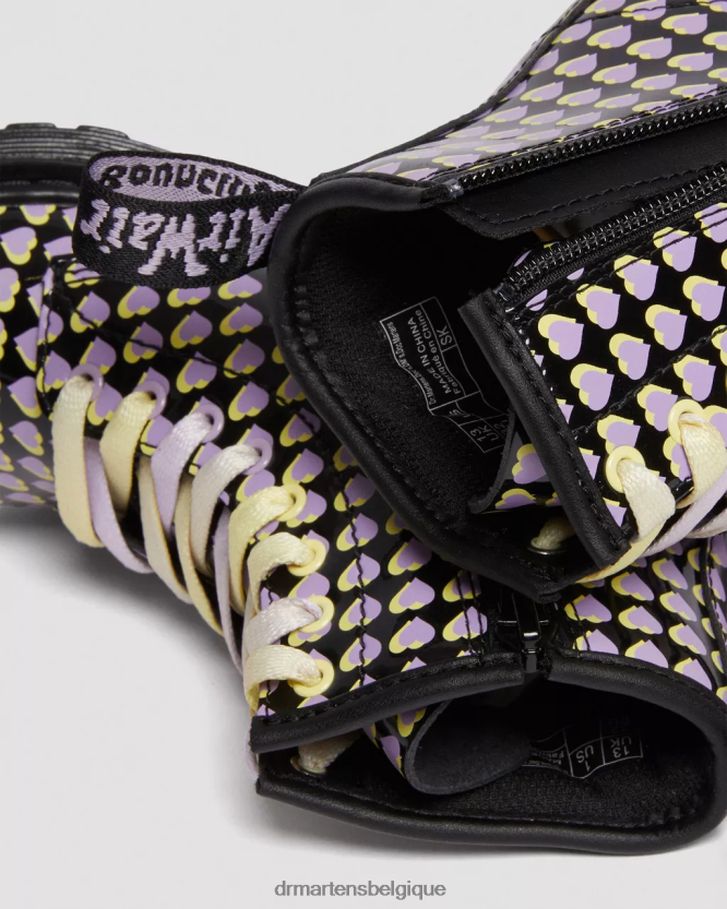 chaussure être Dr. Martens enfants bottes à lacets junior 1460 vernies à imprimé cœur Lucido noir et lampe vernie 6RFZX0441