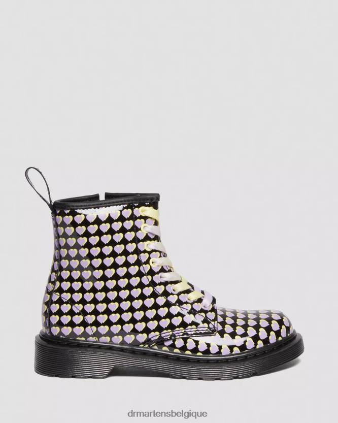 chaussure être Dr. Martens enfants bottes à lacets junior 1460 vernies à imprimé cœur Lucido noir et lampe vernie 6RFZX0441