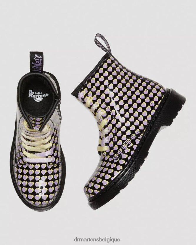 chaussure être Dr. Martens enfants bottes à lacets junior 1460 vernies à imprimé cœur Lucido noir et lampe vernie 6RFZX0441