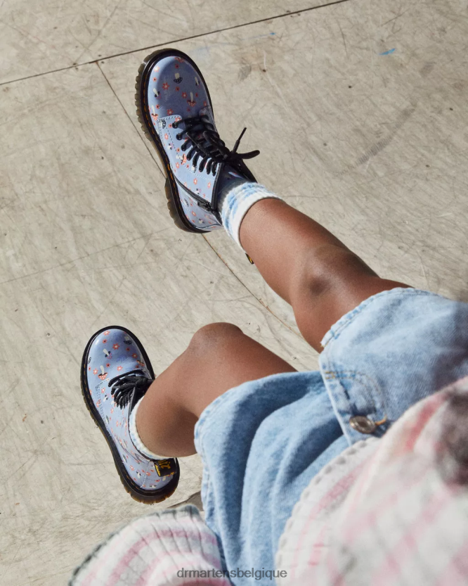chaussure être Dr. Martens enfants bottes à lacets junior 1460 vernis Woodland zen bleu lucido & lampe brevetée 6RFZX0456