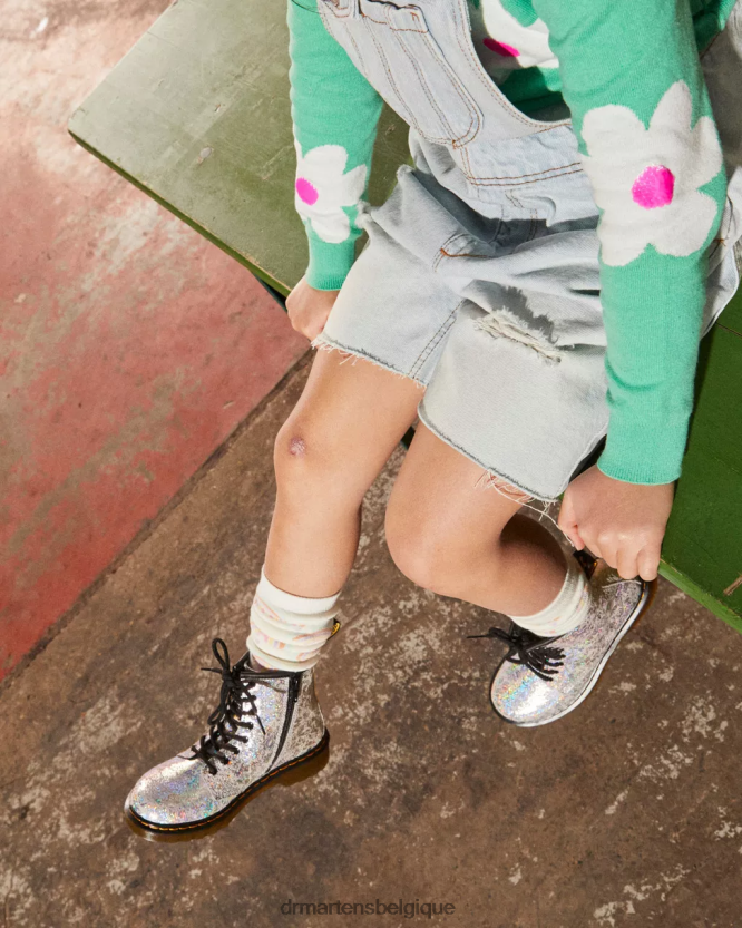 chaussure être Dr. Martens enfants bottes à lacets métallisées froissées junior 1460 froissé disco métallisé gris 6RFZX0457