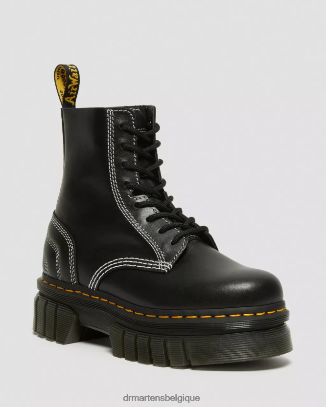 chaussure être Dr. Martens femmes bottes à lacets à plateforme en cuir surpiqûre blanche Audrick nappa lux noir 6RFZX0166