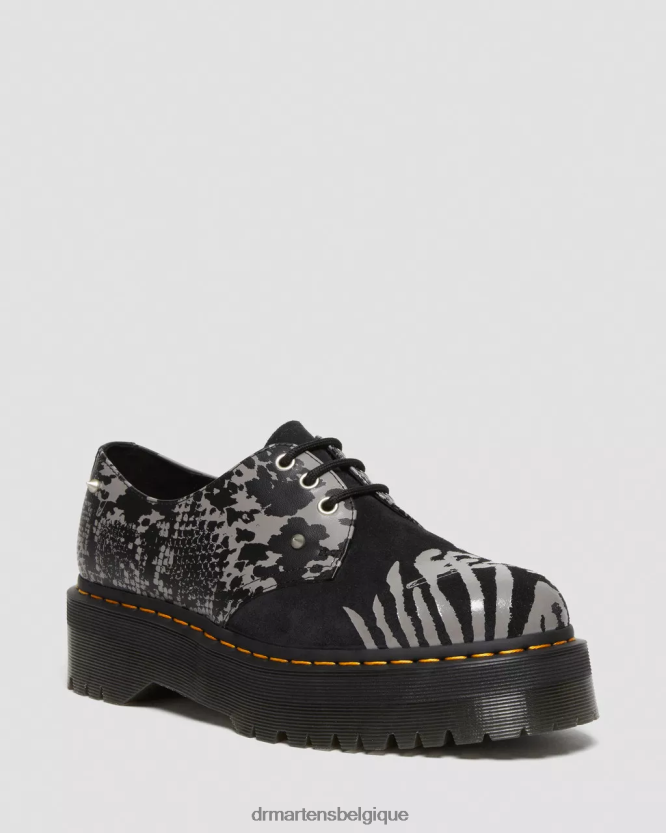 chaussure être Dr. Martens femmes Chaussures à plateforme en cuir et daim 1461 Animal Clash revers d'ombre florale fantôme noir et gris 6RFZX0237