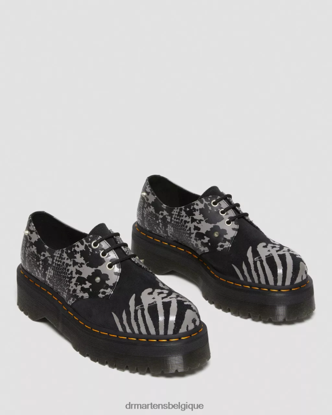 chaussure être Dr. Martens femmes Chaussures à plateforme en cuir et daim 1461 Animal Clash revers d'ombre florale fantôme noir et gris 6RFZX0237