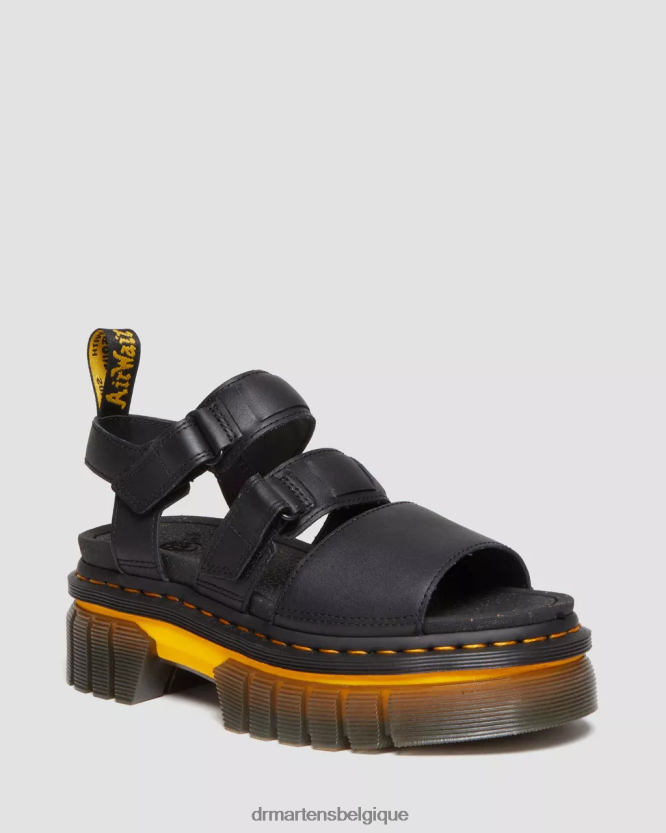 chaussure être Dr. Martens femmes Sandales plateformes à 3 brides en cuir à semelle contrastée Ricki lucido noir poli 6RFZX0273
