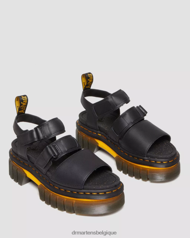 chaussure être Dr. Martens femmes Sandales plateformes à 3 brides en cuir à semelle contrastée Ricki lucido noir poli 6RFZX0273